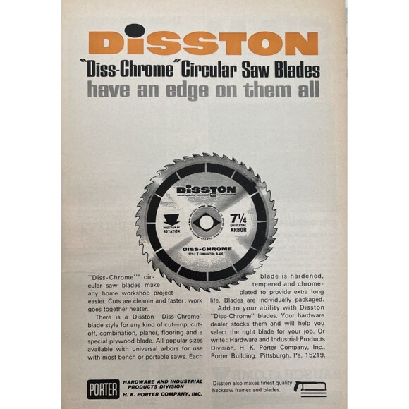 1965 Print Ad Porter Hardware Disston "Diss-Chrome" Circular Saw Blades edge - Picture 1 of 1